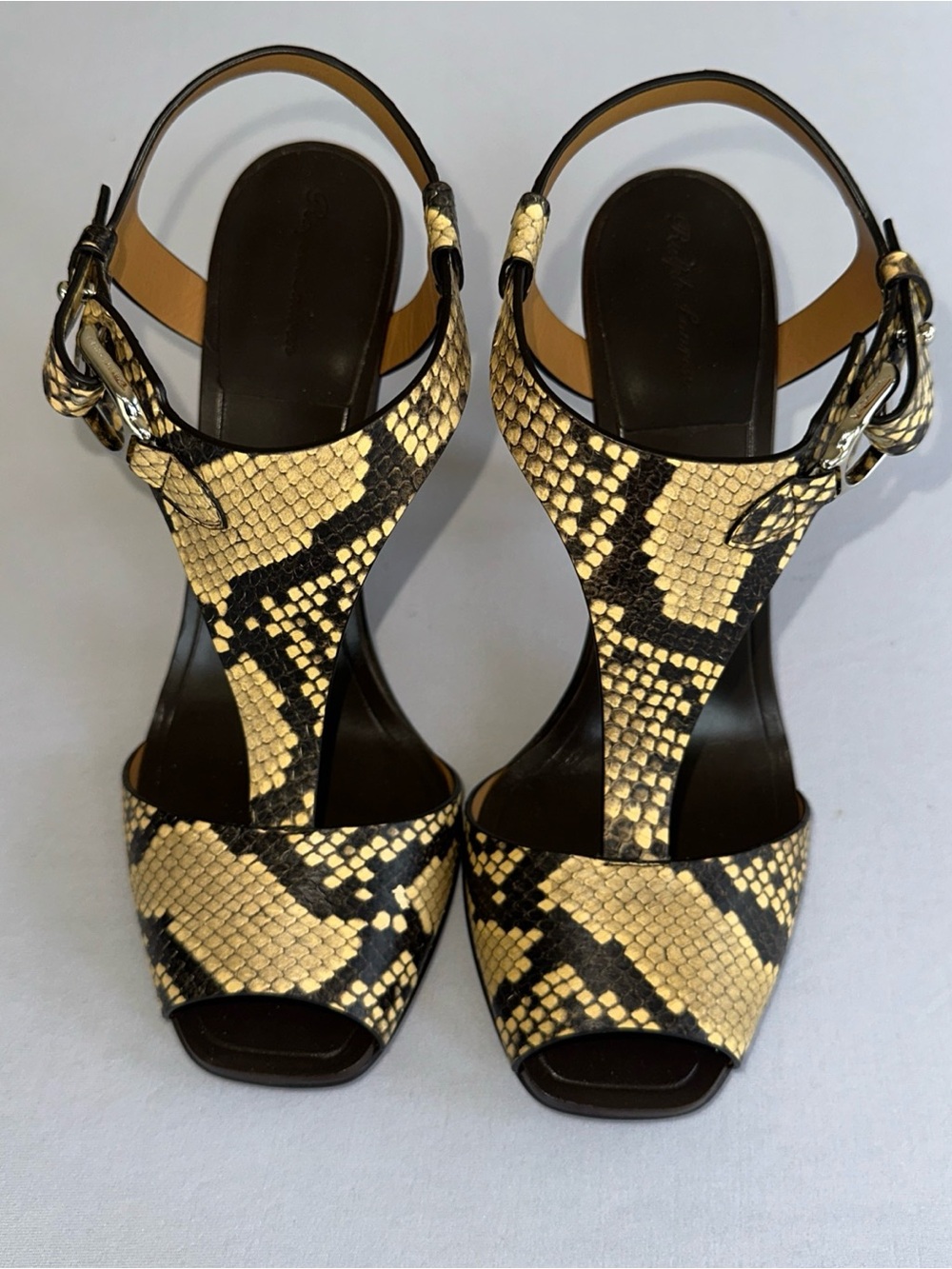 NWT Ralph Lauren Collection Snake-Print T-Strap Heel Sandals in Tan & Black 39.5